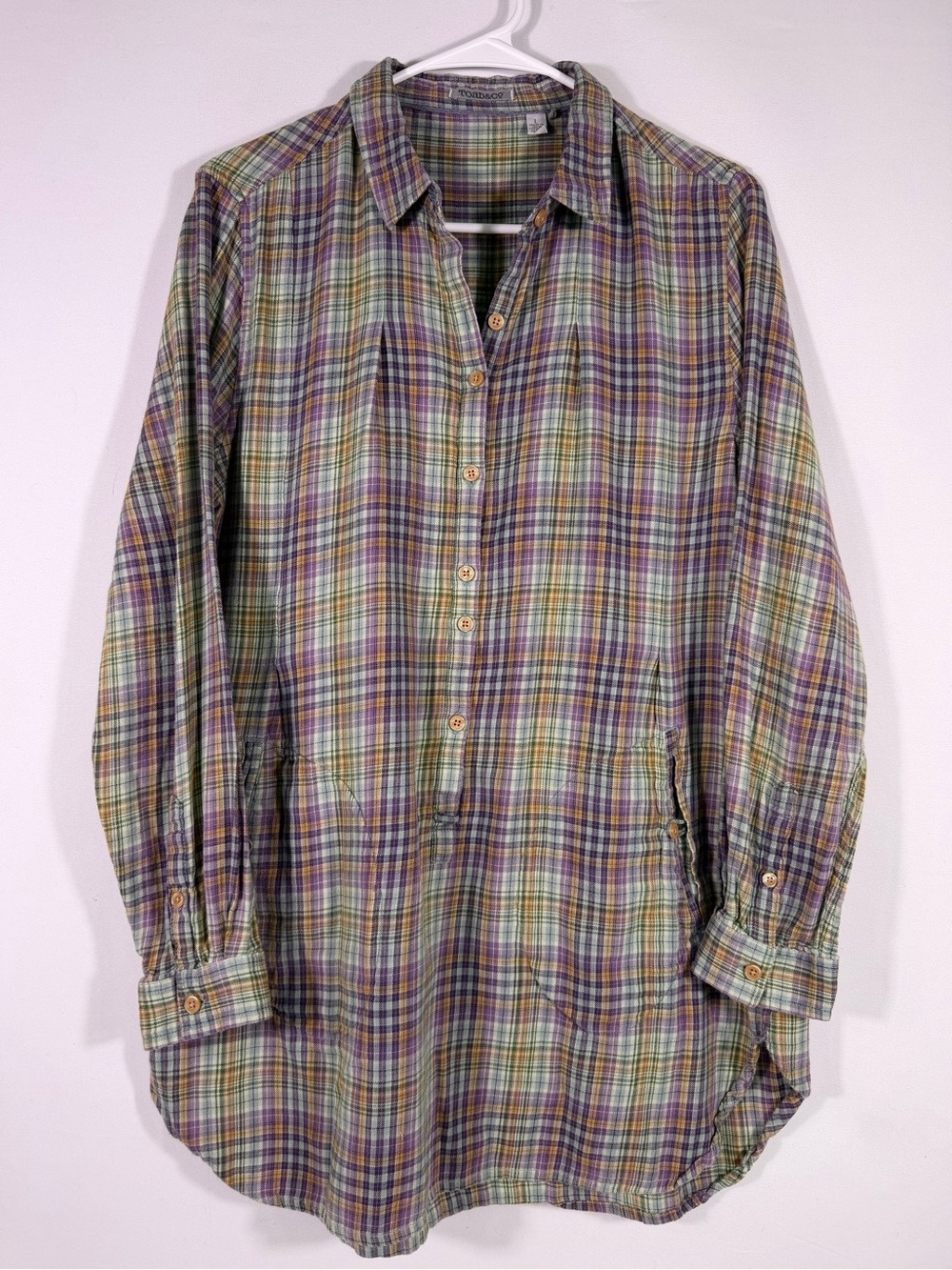 Toad&Co Mixo Plaid Organic Cotton Tunic Shirt Pockets Purple Green Large